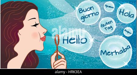 Holiday Novembre 21 - World Ciao giorno. Scheda con fumetti con la parola "Hello" in diverse lingue (Inglese, Spagnolo, Russo, Italiano, Francese, Illustrazione Vettoriale