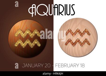 Aquarius segno zodiacale nella cornice circolare, illustrazione vettoriale, realizzati in forma di filamenti. Icone su uno sfondo di legno Illustrazione Vettoriale