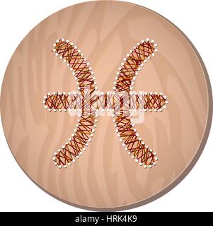 Pesci segno zodiacale nella cornice circolare, illustrazione vettoriale, realizzati in forma di filamenti. Icona su uno sfondo di legno Illustrazione Vettoriale