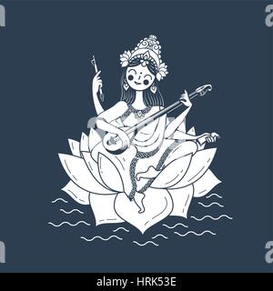 Felice Vasant Panchami Saraswati. Icona di stile lineare. in bianco e nero illustrazione Illustrazione Vettoriale