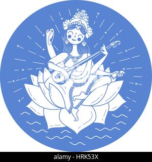 Felice Vasant Panchami Saraswati. Icona di stile lineare. in bianco e nero illustrazione Illustrazione Vettoriale