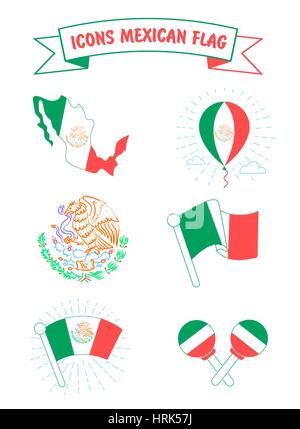 Icone della bandiera e lo stemma del Messico. Icone di stile lineare Illustrazione Vettoriale