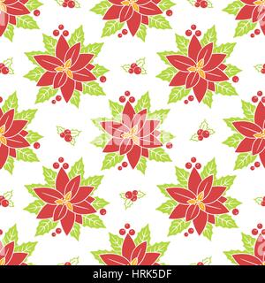 Natale pattern seamless sfondo con fiori poinsettia, agrifoglio e vischio in uno stile lineare. Vintage sfondo . Per sfondo, sfondo, f Illustrazione Vettoriale