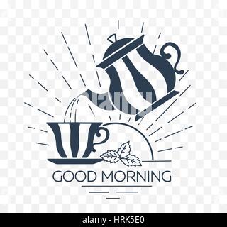 Icona di buona mattina con una tazza e teiera in uno stile lineare in bianco e nero Illustrazione Vettoriale
