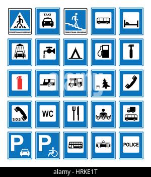 Strada informativo blu set di simboli. Illustrazione di vettore isolato su bianco. Segnali obbligatori. Pronto per l'uso delle informazioni sul traffico banner. Illustrazione Vettoriale