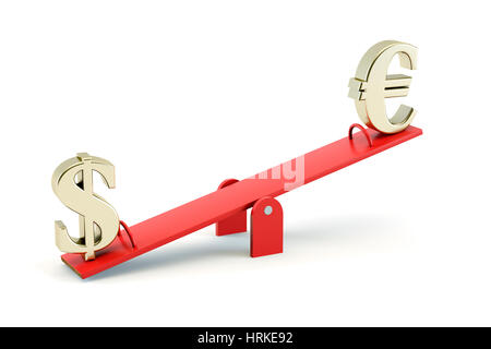 Ci oro simbolo del dollaro e oro simbolo dell'euro su un altalena isolato su uno sfondo bianco - tasso di cambio concept Foto Stock