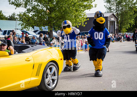 Winnipeg Blue Bomber mascotte al 2016 Prugna Fest parade di prugna Coulee, Manitoba, Canada. Foto Stock