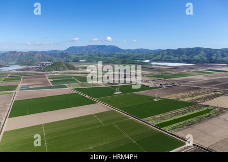 Vista aerea di fertili campi di fattoria e il Santa Monica montagne vicino Camarillo in California del Sud. Foto Stock
