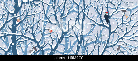 Winter Wonderland. Disegnato a mano illustrazione digitale della prima neve che copre gli alberi, picchio mele. Foto Stock