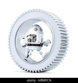 Robot in esecuzione all'interno di metal gear. Isolato. Contiene il percorso di clipping Foto Stock