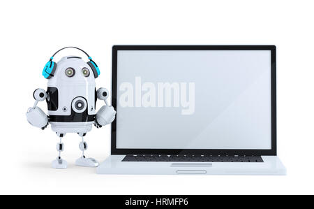 Robot con le cuffie e un enorme laptop. Isolato. Contiene il percorso di clipping Foto Stock