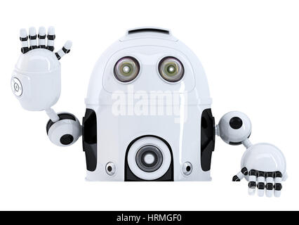 Robot azienda intestazione vuota e salutando. Isolato su bianco. Contiene il percorso di clipping Foto Stock