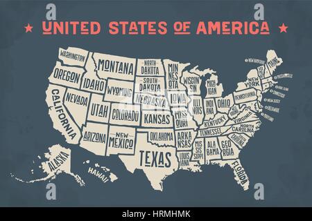 Mappa Poster Stati Uniti d'America con i nomi di stato Illustrazione Vettoriale
