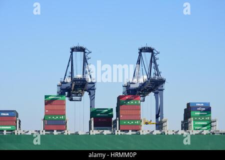 Porto di FELIXSTOWE SUFFOLK REGNO UNITO 24 FEBBRAIO 2016: gru di carico con contenitori in barca Foto Stock