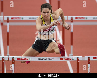 A Belgrado, in Serbia. 03 Mar, 2017. Atleta tedesca Ricarda Lobeamela compete in 60 metri a ostacoli evento all'atletica leggera campionati europei nell'Arena Kombank a Belgrado in Serbia, 03 marzo 2017. Foto: Sven Hoppe/dpa/Alamy Live News Foto Stock