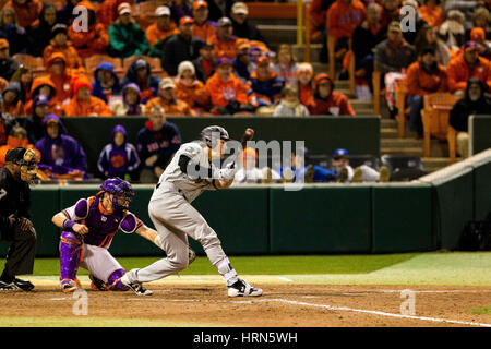 Clemson, SC, Stati Uniti d'America. 3 Mar, 2017. Gamecocks infielder LT Tolbert (11) collega nel NCAA Baseball match a Doug Kingsmore Stadium di Clemson, SC. (Scott Kinser/Cal Sport Media) Credito: csm/Alamy Live News Foto Stock