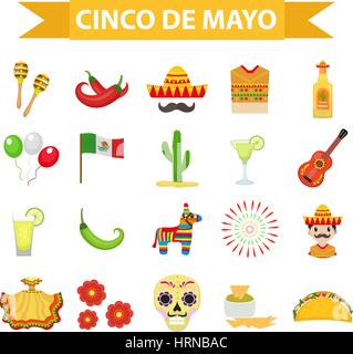 Cinco de Mayo celebrazione in Messico, set di icone, elemento di design, stile piatto.gli oggetti da collezione per il Cinco de Mayo sfilata con pinata, cibo, sambrero, tequila, cactus, bandiera. Illustrazione Vettoriale, clip art Illustrazione Vettoriale