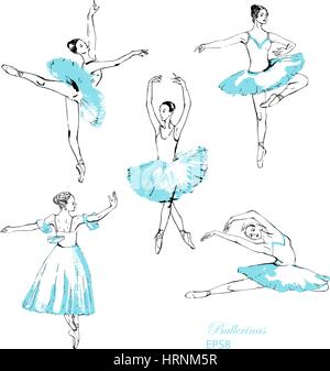 Set di 5 abbozzato ballerine di eseguire la danza. Per il vostro design. Illustrazione Vettoriale