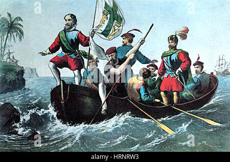 Lo sbarco di Colombo a San Salvador, 1492 Foto Stock