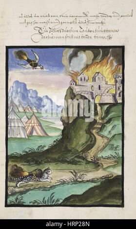 Gatto e uccello che trasportano Firebombs, 1607 Foto Stock