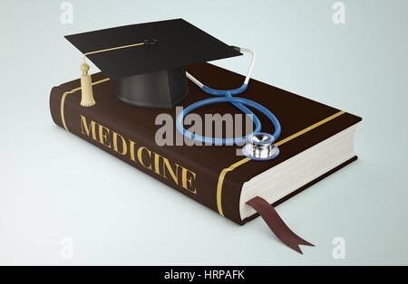 Un libro con una scheda di mortaio e stetoscopio, concetto di facoltà di medicina (3d rendering) Foto Stock