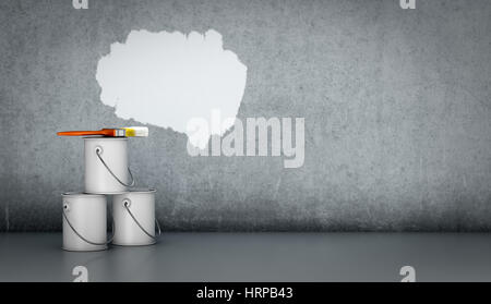 Una camera sporca con una pila di tre barattoli di vernice, un pennello e un bianco tratto di pennello sulla parete (3d rendering) Foto Stock