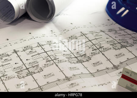 Schema di ingegneria carta cianografica redazione Progetto architettonico sketch,fuoco selettivo Foto Stock