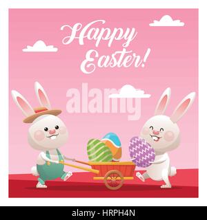 Felice Pasqua Giovane bunny che porta uovo sfondo rosa Illustrazione Vettoriale