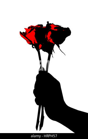 Abstract rosso e nero per gli uomini mano che tiene una sola rosa rossa isolato bianco con tracciato di ritaglio Foto Stock