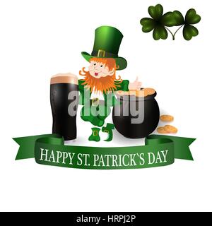 Immagine Leprechaun, bicchiere di birra scura, foglie di trifoglio e la pentola di monete d'oro. Saluto iscrizione felice Patrick giorno. illustrazione Illustrazione Vettoriale
