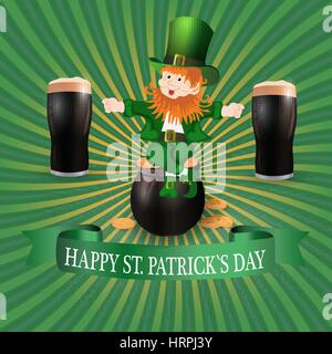 Immagine leprechaun e due bicchieri di birra scura. Saluto iscrizione felice Patrick s Day. illustrazione Illustrazione Vettoriale
