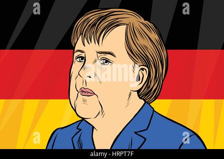 Il cancelliere Angela Merkel, bandiera tedesca. Fumetti vintage cartoons illustrazione pop art vettore rétro Illustrazione Vettoriale