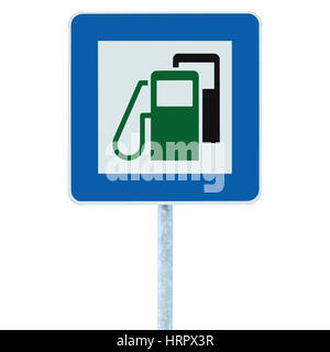 Gas Station Road Sign, energia verde concetto, benzina di riempimento del carburante al servizio di informazioni sul traffico per la segnaletica stradale, isolato blu benzina serbatoio carburante pompa olio cartello stradale Foto Stock