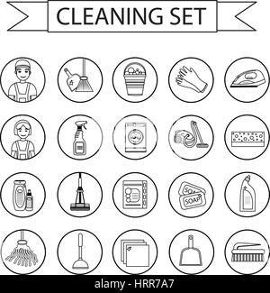 Set di icone per la pulizia degli attrezzi. Moderno e lo stile della linea. La pulizia degli elementi di design. Illustrazione Vettoriale Illustrazione Vettoriale