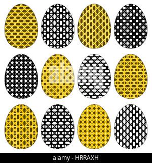 Dodici di colore giallo dorato e in bianco e nero le uova di pasqua con pattern a strisce per la ricerca delle uova. Isolato su bianco. Illustrazione Vettoriale