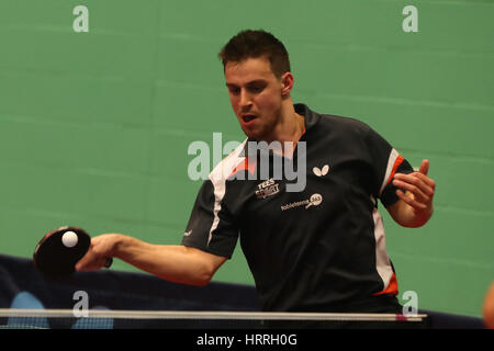 Matteo Ware in azione durante gli uomini singoli il giorno uno del PG di reciproca campionati nazionali presso l'Università di Nottingham. Stampa foto di associazione. Picture Data: venerdì 3 marzo 2017. Foto di credito dovrebbe leggere: Simon Cooper/PA FILO Foto Stock