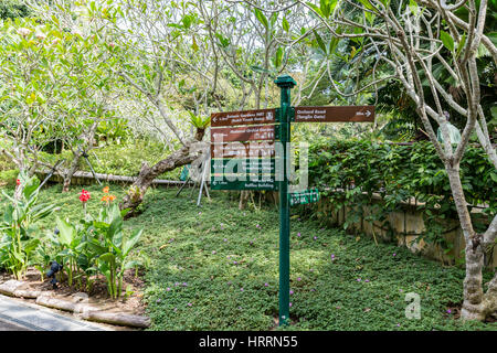 Un segno di direzioni in botantical gardens a Singapore sono storicamente elencati. Foto Stock