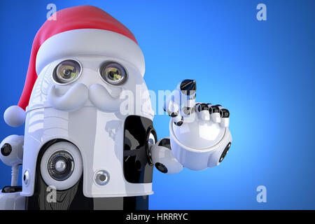 Robot Santa scrive qualcosa con una penna. Contiene il percorso di clipping Foto Stock