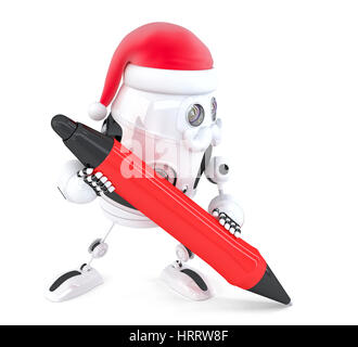 Robot Santa scrive qualcosa con una penna. Isolato su bianco. Contiene il percorso di clipping Foto Stock