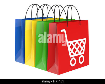 Borse per lo shopping con carrello isolato su sfondo bianco del rendering 3D Foto Stock