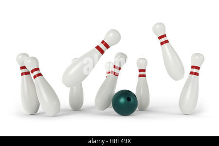 Palla da bowling schiantarsi dentro i perni su sfondo bianco del rendering 3D Foto Stock