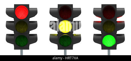 Il semaforo rosso, giallo e verde isolato su sfondo bianco del rendering 3D Foto Stock