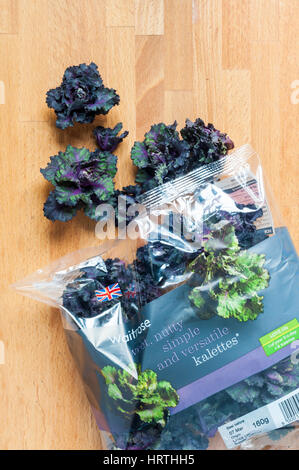 Un pacchetto di Kalettes da Waitrose. Un incrocio tra il cavolo e i cavoli di Bruxelles. Foto Stock