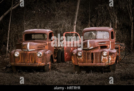Due vecchie abbandonate arrugginito camion Ford Foto Stock