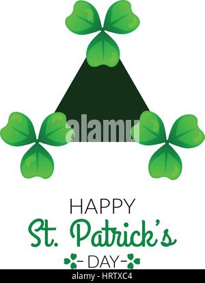 Felice il giorno di San Patrizio. Shamrock, verde Lucky Clover con tre foglie. Rametto contro scuro sul triangolo bianco. Geometria Sacra biglietto di auguri o poster t Illustrazione Vettoriale
