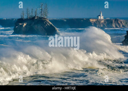 Onde enormi e laminazione di schiantarsi al tramonto Cove, Cape Arago faro in distanza, vicino a Charleston, Oregon, Stati Uniti d'America Foto Stock