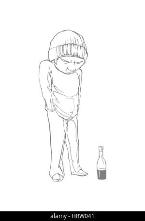 Senzatetto ragazzo con una bottiglia. Disegno della linea. EPS 8 Illustrazione Vettoriale