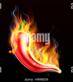 Un piccante peperoncino rosso sul fuoco, coperte in fiamme Foto Stock