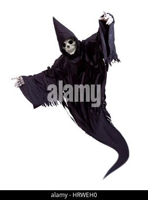 Flying Grim Reaper isolati su sfondo bianco Foto Stock