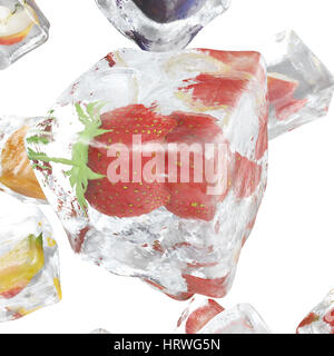 Frutti congelati in un cubo di ghiaccio, ice cube in vista frontale, singolo cubo di ghiaccio isolato su sfondo bianco, rendering 3D Foto Stock